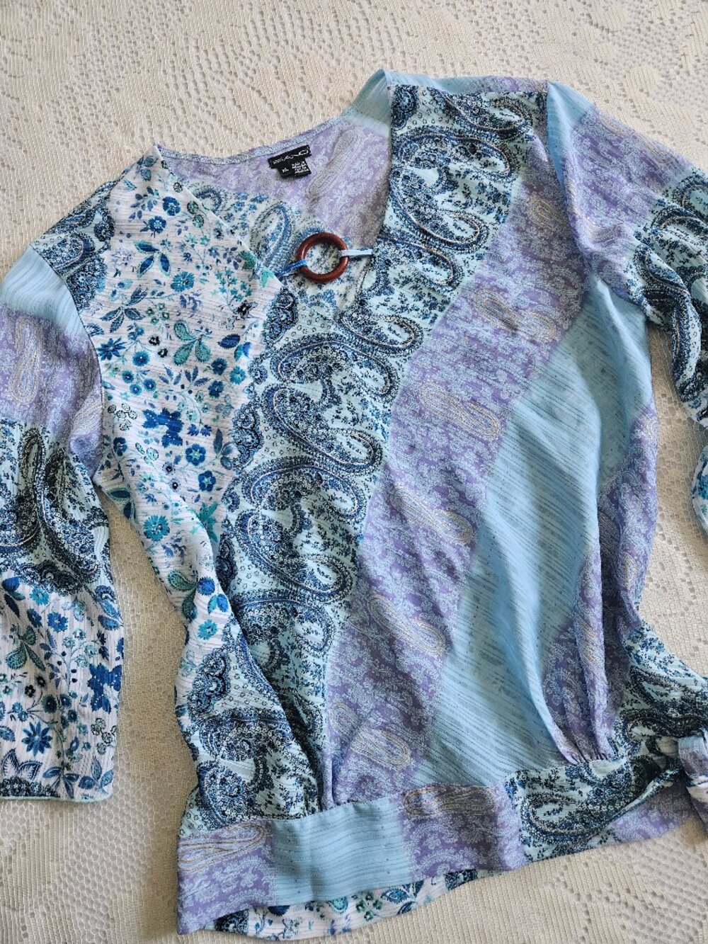 Boho Paisley Patchwork Blouse Multi Color Blue Size XL
